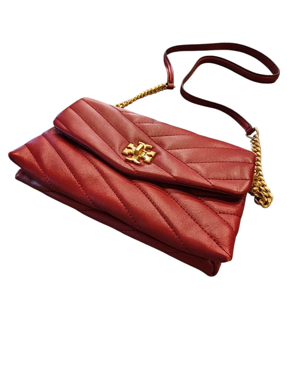 Tory Burch Kira Chevron Chain Wallet Bright Red Leather Gold Bag